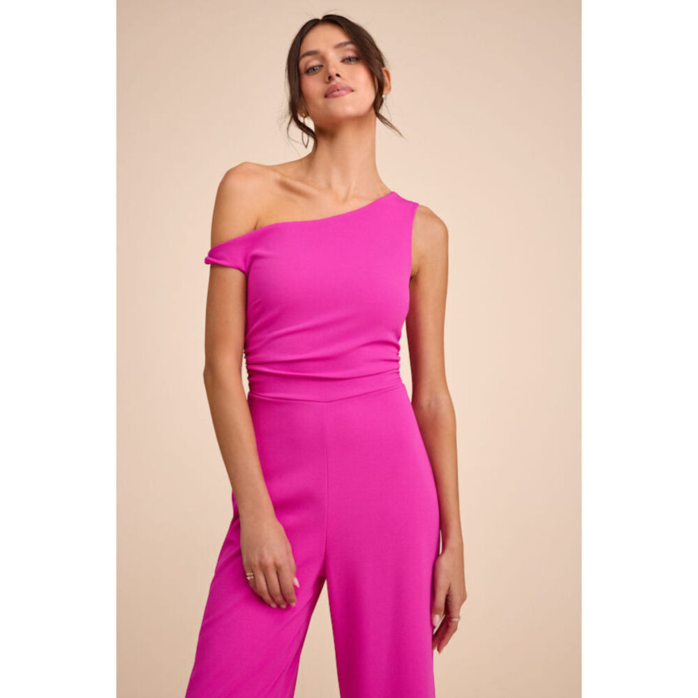 Lulus Lawny Magenta Pink Twisted One-shoulder Jumpsuit - Size XL